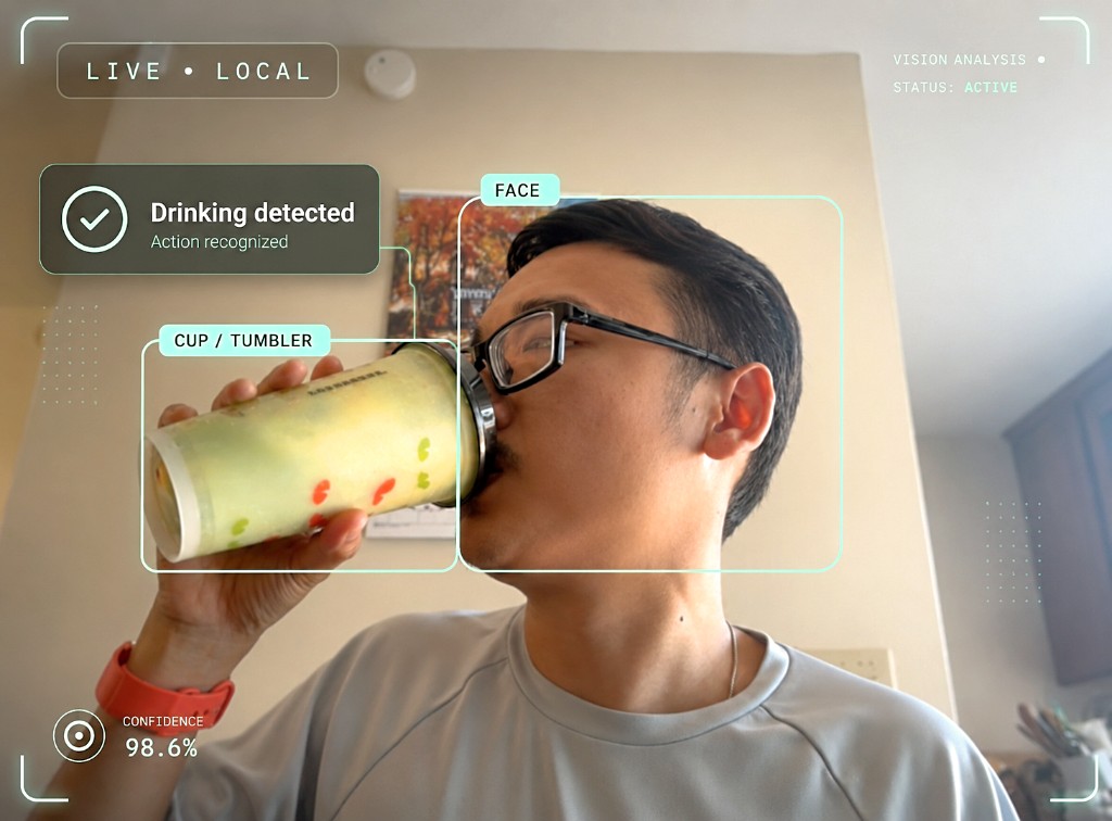 Hydration Hostage detecting a sip — face and cup outlined, drinking detected