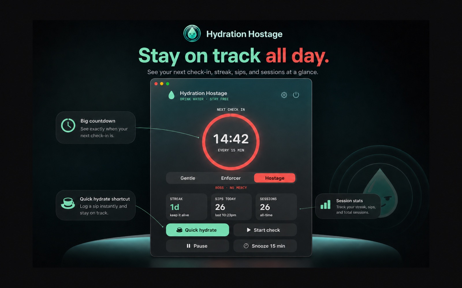 Hydration Hostage — Menu-bar dashboard